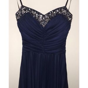Strapless Bedazzled Formal Dress - Navy, Pleated